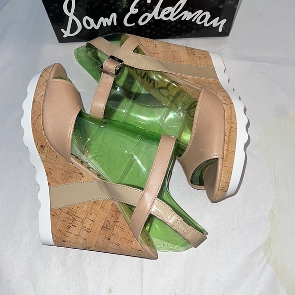 Sam Edelman Karina Nude Leather cork heels platform side buckle sandals Sz 10 - Picture 4 of 10